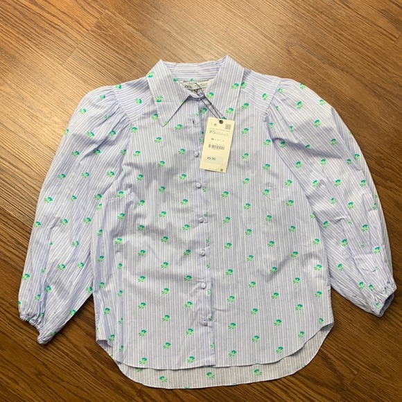 ZARA‎ Shirt Women’s XS Blue Collared Button Front Long Sleeve Blouse NWT - Picture 1 of 8